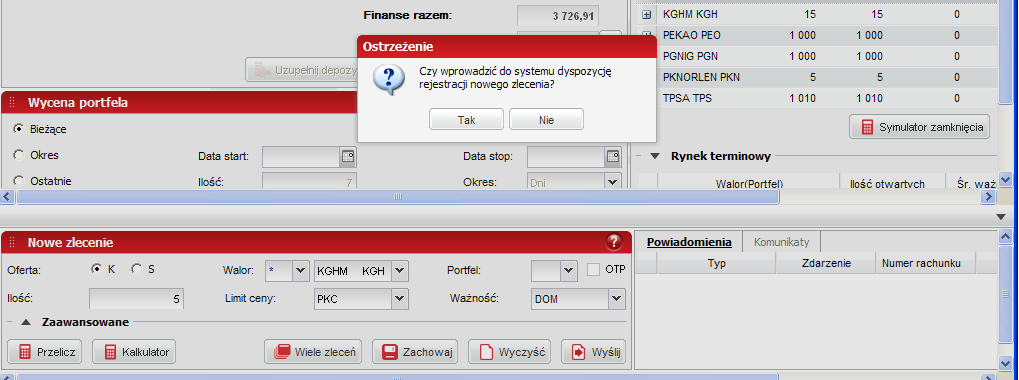 Rysunek 46 ważność zlecenia domyślnie w formularzu zaznaczona jest ważność na jeden dzień, a system pozwala na wybranie innych opcji ważności zlecenia (Rysunek 47): Rysunek 47 dodatkowe warunki