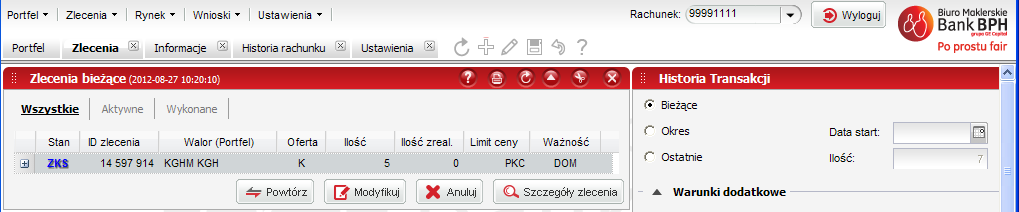 j) Informacja z opisem danego statusu, wyświetla się po ustawieniu kursora myszy na jego nazwie (Rysunek 52): Rysunek 52 k) Zakładka Zlecenia bieżące daje możliwość powtórzenia,