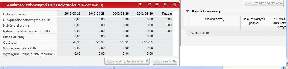 e) Okno Analizator zobowiązań OTP i należności informuje o wartości zobowiązań powstałych w wyniku zawarcia transakcji do zleceń z odroczonym terminem płatności (OTP) oraz należnościach uzyskanych ze