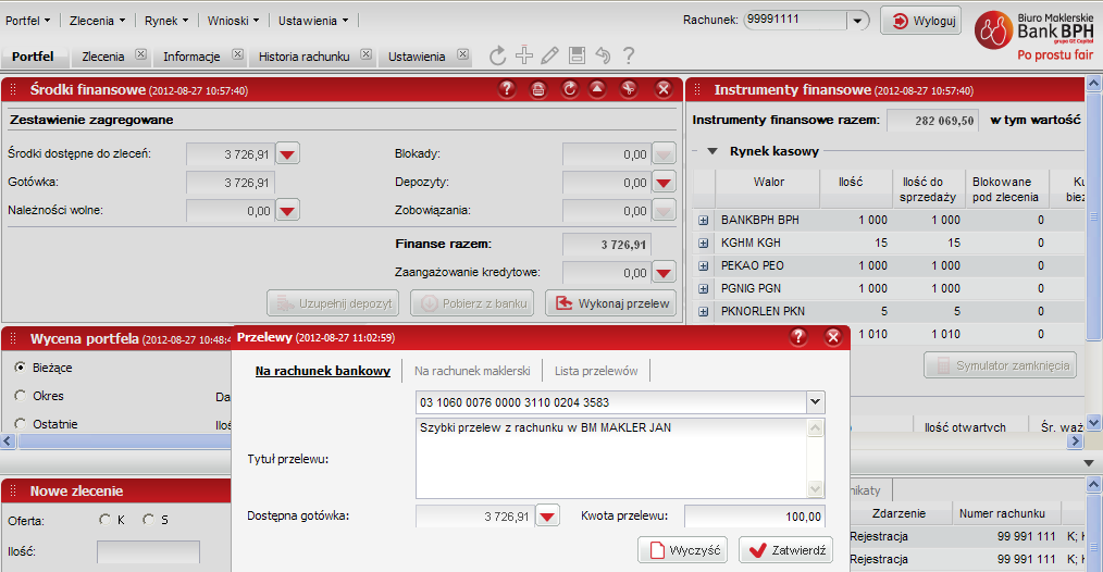 8. Przelewy a) W systemie M@klerPlus Alior Bank w ramach działalności przejętej można dokonać przelewu środków finansowych poprzez zakładkę Portfel w opcji Środki finansowe.