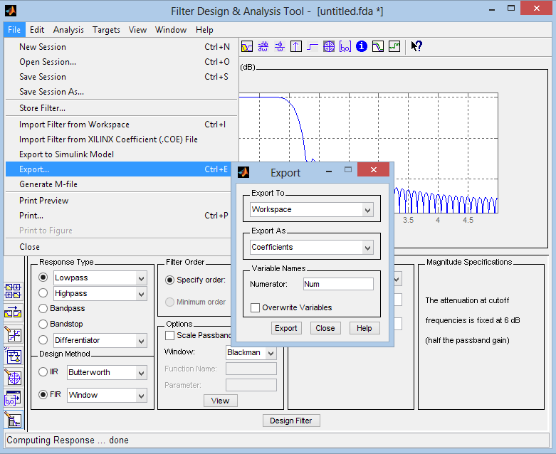 5. Ostatnim etapem jest wyeksportowanie współczynników filtru do workspace, zapisanie jej do pliku lub wygenerowanie m-pliku opisującego projektowany filtr.