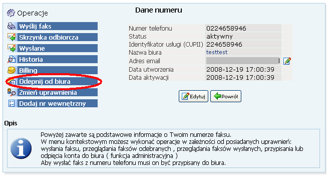 4.4. Administrator usuwanie numerów przypiętych do biura W przypadku gdy chcemy zlikwidować jakieś biuro lub wykorzystać numer z danego biura w innym biurze należy