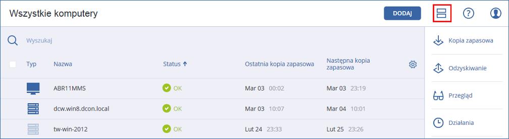 Oba widoki zapewniają dostęp do tych samych funkcji i operacji. W niniejszym dokumencie opisano dostęp do operacji z poziomu widoku tabeli.