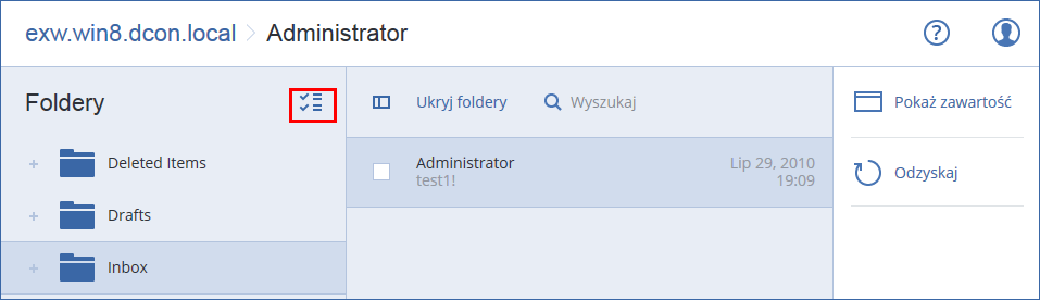 9. [Opcjonalnie] Kliknij Baza danych używana do odtworzenia brakujących skrzynek pocztowych, aby zmienić automatycznie wybraną bazę danych. 10. Kliknij Rozpocznij odzyskiwanie. 11. Potwierdź decyzję.