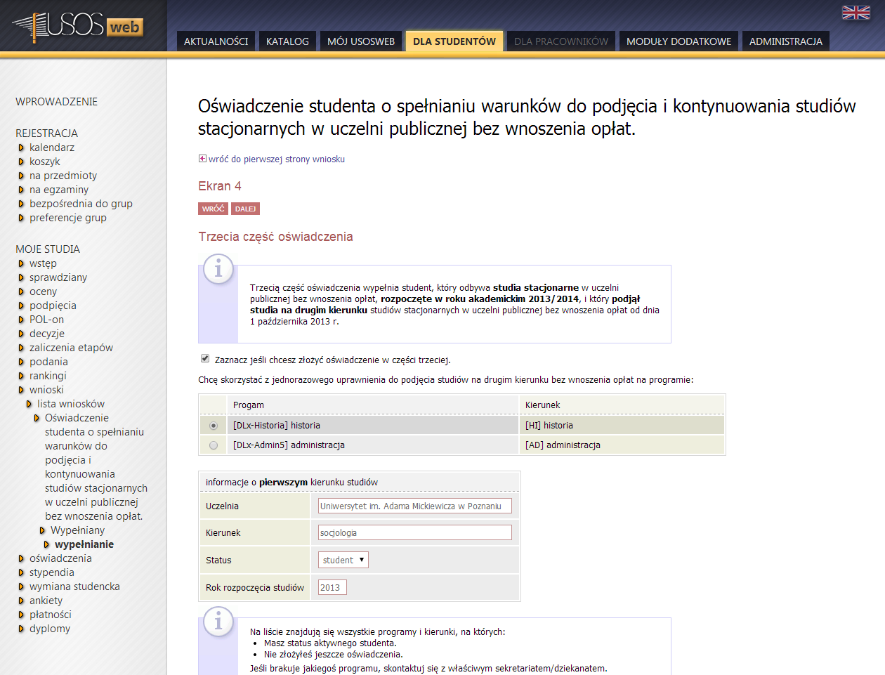 Następnie klikamy pole wyboru zaznaczone na rysunku strzałką (Rysunek 8a/8b) oraz wybieramy program studiów i kierunek, na którym ma zostać złożone oświadczenie.