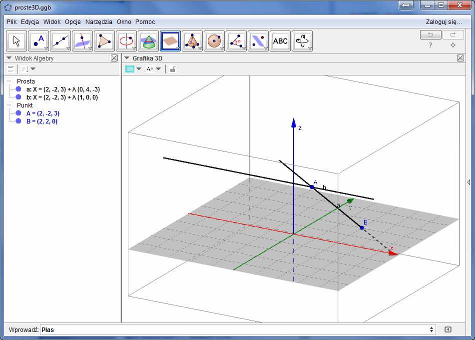 X = A + Λ<SPACJA>(1,0,0). Pominięcie spacji spowoduje, że program wyświetli komunikat o błędzie! Uwaga: aby wprowadzić grecką literę Λ naciśnij lewy klawisz Alt i przytrzymując go, naciśnij klawisz L.