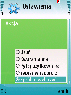 Spróbuj wyleczyć próba wyleczenia zainfekowanych obiektów; natomiast parametr Niepowodzenie leczenia definiuje akcję, która zostanie zastosowana dla zainfekowanego obiektu, jeżeli leczenie nie będzie