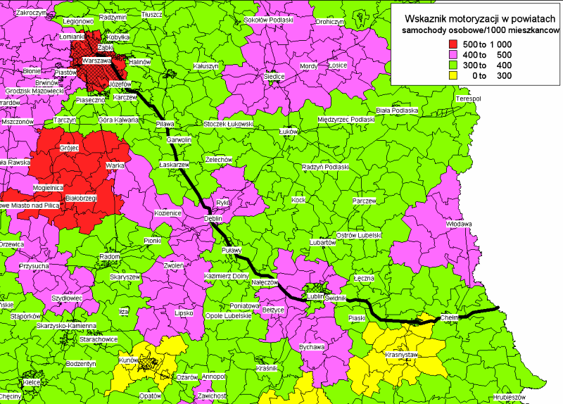 Rysunek 3.8. Liczba i struktura firm w analizowanym korytarzu 3.3.5 Wskaźniki motoryzacji Podobnie wygląda wskaźnik motoryzacji indywidualnej (rys. 3.9), odzwierciedlający poziom zamożności mieszkańców obszaru.