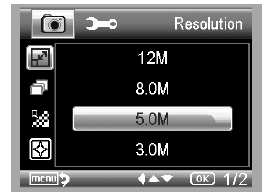 5. Wprowadzenie do menu 5.1 Menu główne Przyciśnij, aby otworzyć menu, jak pokazano poniżej: Tutaj możesz ustawić rozdzielczość/zdjęcia poklatkowe/jakość/ostrość. 5.1.1 Ustawianie rozdzielczości 1) W menu głównym wybierz pozycję Rozdzielczość a następnie wybierz warośc pomiędzy 3M/5M/8M/12M.