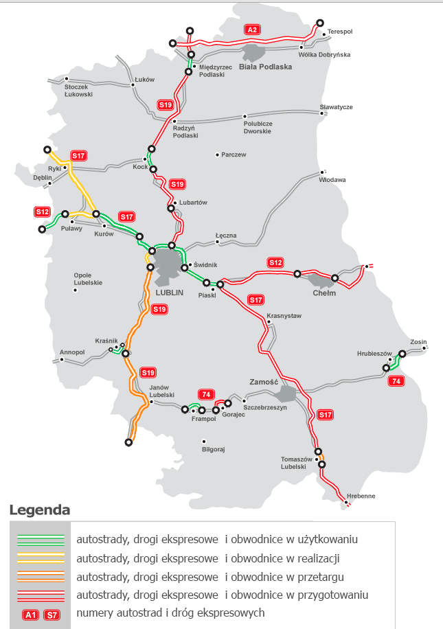 S19 (Grodno) granica państwa Białystok Międzyrzec Podlaski Lublin Nisko Rzeszów Barwinek granica państwa (Preszów); S46 (Praga) granica państwa Kudowa Zdrój Opole Częstochowa Jędrzejów Kielce Kraśnik.