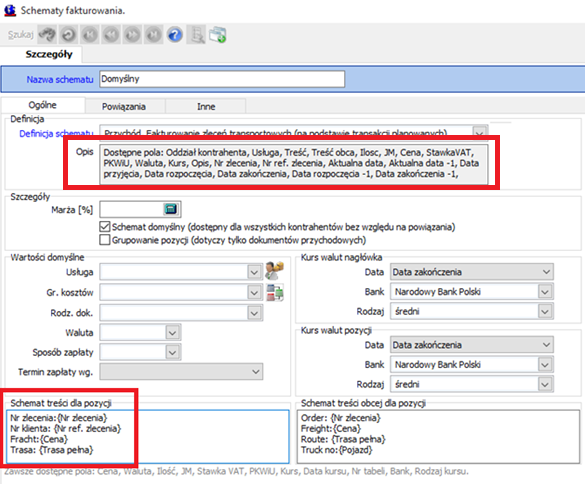 Schematy fakturowania zakładka ogólne, schemat generowanej treści pozycji faktury W
