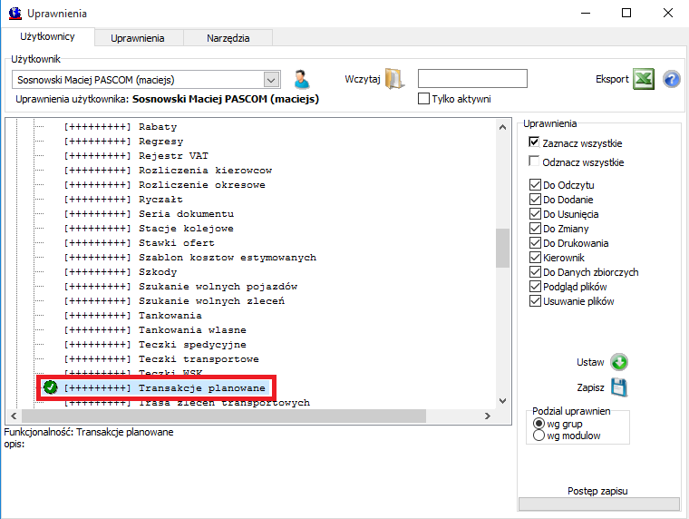 Zlecenie transportowe Transakcje planowane, uprawnienia