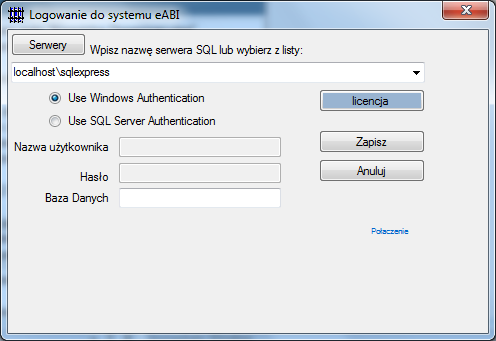 Ustanowienie połączenia z bazą danych. System eabi współpracuje z bazą danych Microsoft SQL 2005 lub nowszą. Przed rozpoczęciem pracy należy skonfigurowad połączenie z bazą danych.