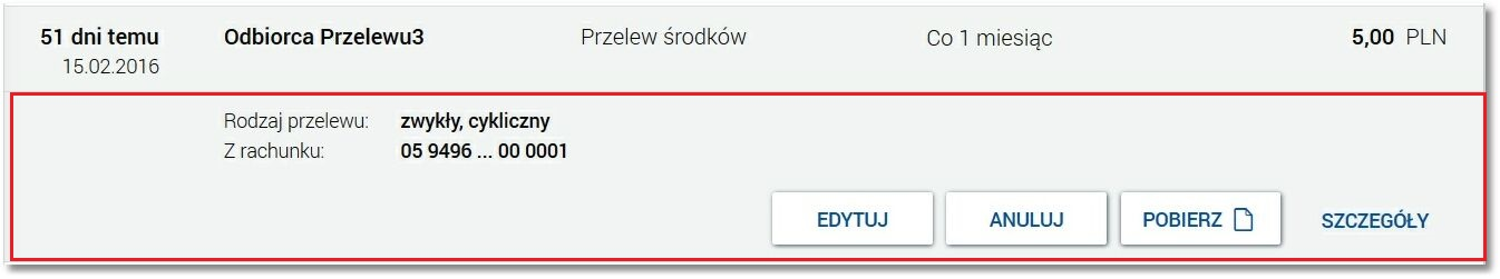 Rozdział 5 Przeglądanie przelewów Dodatkowo użytkownik ma możliwość utworzenia nowego szablonu przelewu poprzez wybór przycisku [NOWY SZABLON] oraz przejścia na formatkę prezentującą listę szablonów