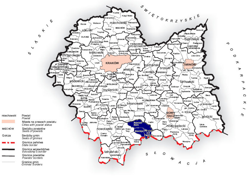 Na rysunku pokazano obszar LGD na tle województwa małopolskiego.