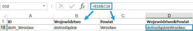 więc należy w danych źródłowych przygotować kolumnę unikatową (np. z nazwą województwa =województwo&powiat) oraz kolumna z wartością: Przykład połączenia danych dla komórki G18 arkusza Dane: =JEŻELI.