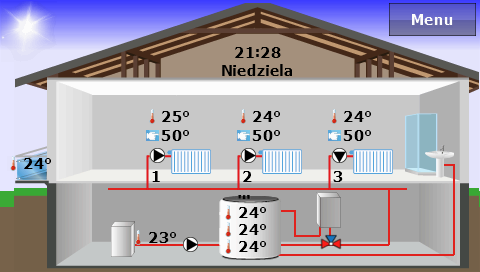 Temperatura zewnętrzna Aktualna data i dzień tygodnia TECH Wejście do menu sterownika Temperatura zaworu 1 aktualna i zadana Temperatura zaworu 2 aktualna i zadana Temperatura zaworu 3 aktualna i