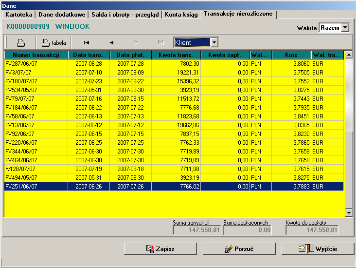 -prezentacja transakcji nierozliczonych Na zakładkach konta ksiąg i transakcje nierozliczone pokazane są dwie kolumny określające walutę : -Waluta kolumna określa w jakiej walucie prezentowane są