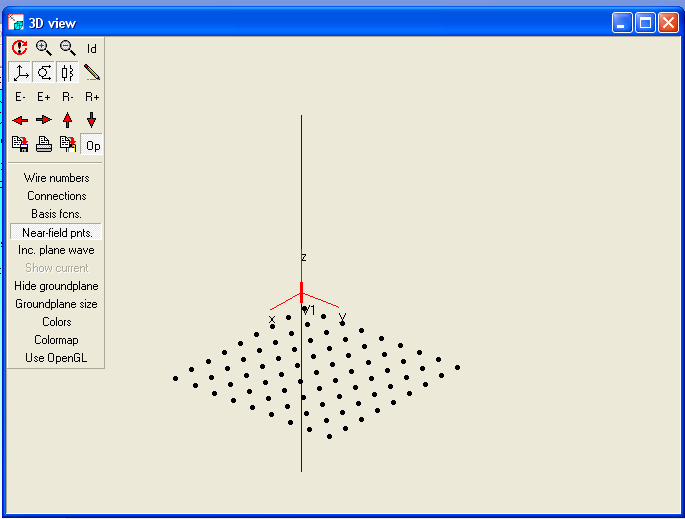 Wires/ 3D view of structure z menu głównego i zaznaczenie opcji Near-field pnts. Umożliwi wizualizację położenia określonych punktów (rysunek poniżej). 7) Analiza anteny w dziedzinie częstotliwości.