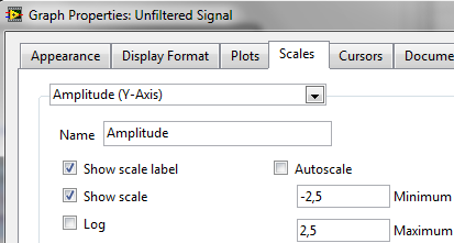 g. Z rozwijanego menu wybierz tym razem Amplitude (Y-Axis). h. Powtórz kroki od c. do f. i. W zakładce Scales wybierz Amplitude (Y-Axis). j. Odznacz pole Autoscale. k. Wprowadź wartość -2.