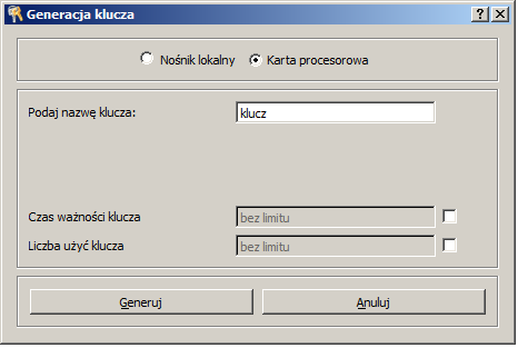 Wybierz nośnik klucza Karta procesorowa, podaj Twoją nazwę klucza podpisu oraz