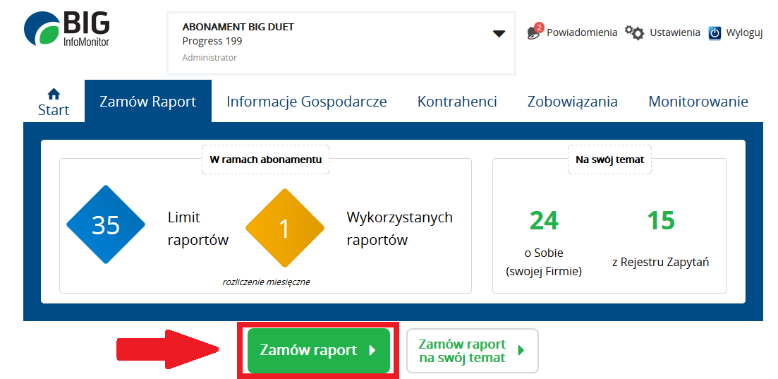 Instrukcja Użytkownika System BIG.pl Strona 116 z 186 Z początkiem nowego miesiąca licznik pobranych raportów powinien wskazywać cyfrę 0.