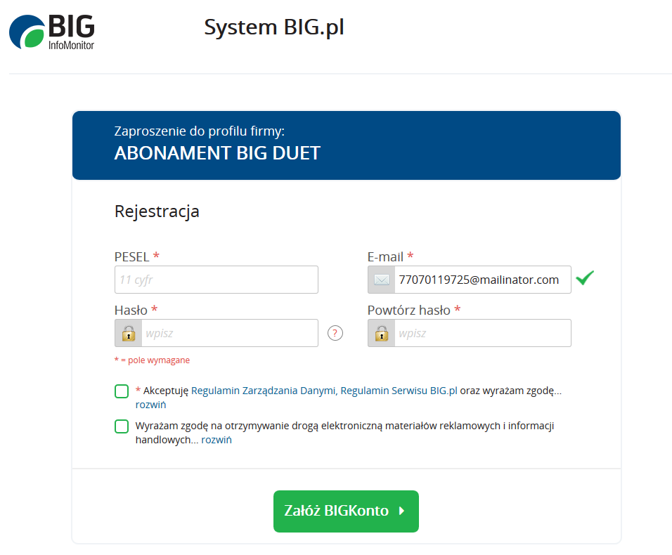 Instrukcja Użytkownika System BIG.pl Strona 28 z 186 Po kliknięciu Przyjmij zaproszenie, System wyświetla komunikat o konieczności ponownego zalogowania. 7.3.1.2 PRZYJĘCIE ZAPROSZENIA NOWY UŻYTKOWNIK Drugi z wariantów przyjęcia zaproszenia występuje w sytuacji, gdy nowy Użytkownik nie ma jeszcze BIGKonta.