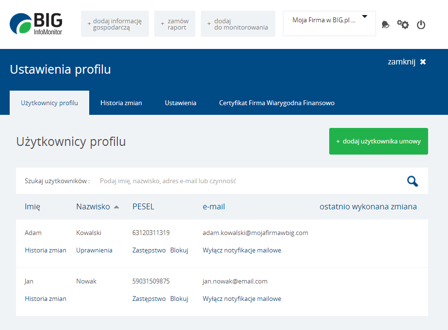 Instrukcja Użytkownika System BIG.pl Strona 30 z 186 Imię, Nazwisko, Pesel, Email, Ostatnio wykonana zmiana.