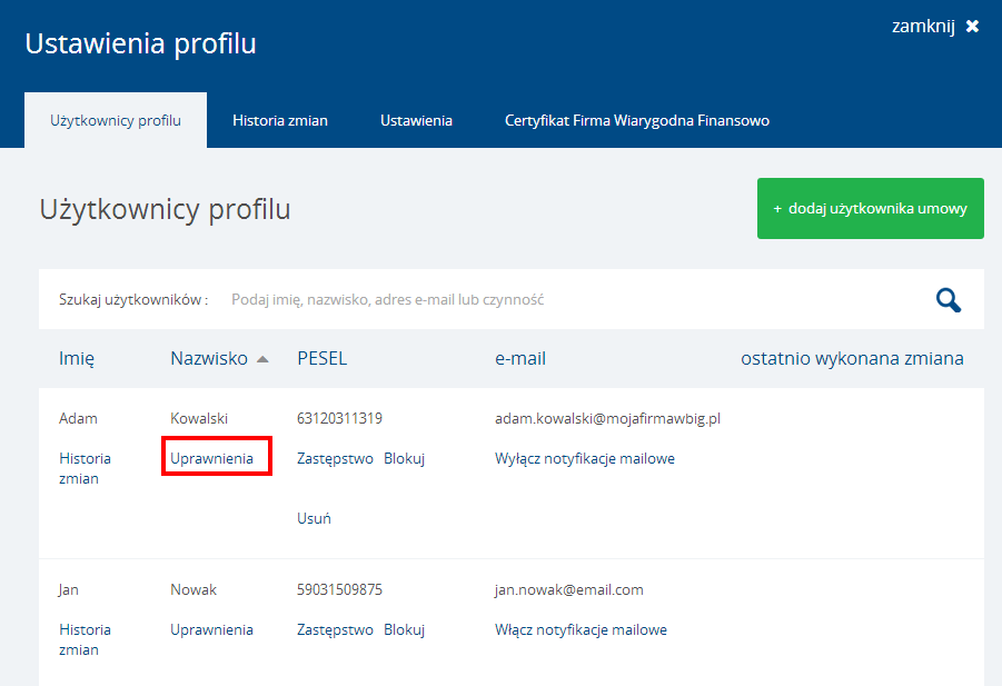 Instrukcja Użytkownika System BIG.pl Strona 33 z 186 Po nadaniu roli proces dodawania Użytkownika należy zakończyć klikając przycisk "Wyślij zaproszenie na podany adres email".