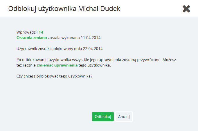 Instrukcja Użytkownika System BIG.pl Strona 38 z 186 Po kliknięciu Zablokuj, Użytkownik pojawi się na liście Użytkowników profilu ze stosowną adnotacją.