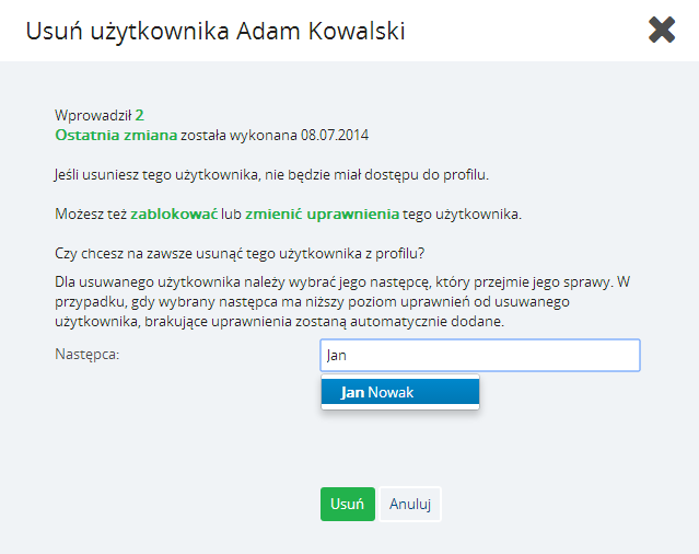 Instrukcja Użytkownika System BIG.pl Strona 39 z 186 7.3.7 USUWANIE UŻYTKOWNIKA Funkcja usuwania Użytkownika dostępna jest dla Użytkownika Systemu BIG.