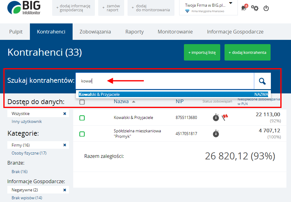 Instrukcja Użytkownika System BIG.pl Strona 50 z 186 Aby zrezygnować z nałożonego filtra, należy kliknąć w znak x przy zaznaczonym rekordzie.