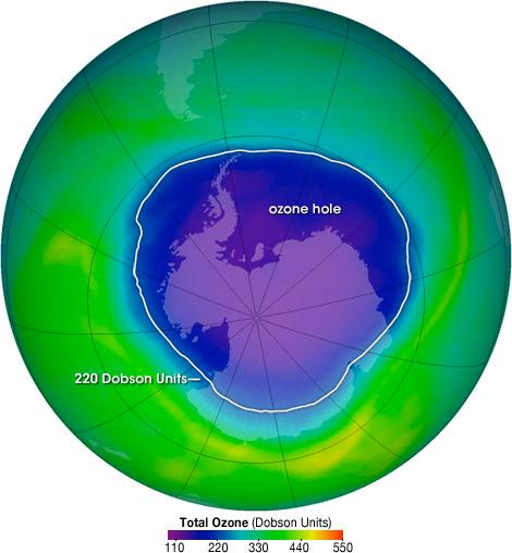 Pomiary przyrządami umieszczonymi na ziemi (w Halley), oraz na satelitach (the Total Ozone Mapping Spectrometer [TOMS] and Ozone Monitoring Instrument [OMI]) pokazują gwałtowny spadek całkowitej