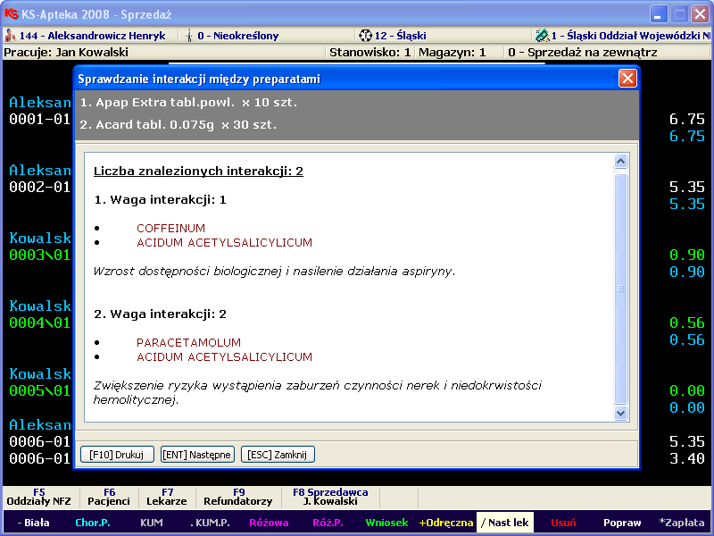 Rys. 18. Interakcje pomiędzy lekami W module APW Sprzedaż aptekarz za pomocą funkcji Alt + F3 może sprawdzić zachodzące interakcje między preparatami kupowanymi przez pacjenta.