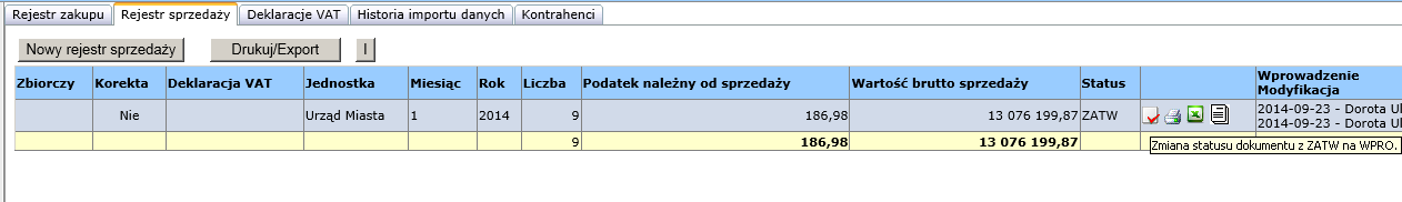 Wprowadzony raport ma status WPRO (wprowadzony) ZATWIERDZANIE REJESTRU Rejestry cząstkowe wprowadzone ręcznie oraz importowane z pliku Excel