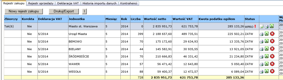 6. GENEROWANIE REJESTRÓW ZBIORCZYCH Po kliknięciu na białą karteczkę wybierz z listy jednostkę dla której chcesz wygenerować rejestr zbiorczy. Potwierdź wybór jednostki Wybierz zakładkę rejestru.