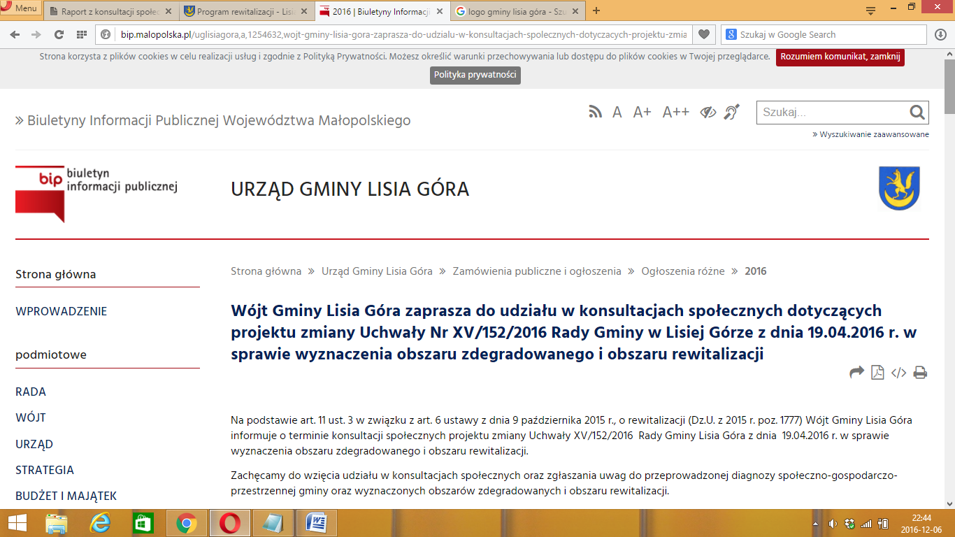 Rysunek 1 Fragment BIP gminy Lisia Góra z informacją o konsultacjach społecznych Źródło: Biuletyn Informacji Publicznej Urzędu Gminy Lisia Góra na stronie internetowej gminy Lisia Góra; w sposób