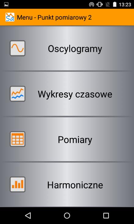 2.2 Ekran Oscylogramy Rys. 5. Menu główne aplikacji. Ekran umożliwia podgląd oscylogramów dla napięć i prądów. Ilość oscylogramów odpowiada układowi sieci.