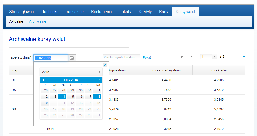 Kursy walut Zakładka Kursy walut, dostępna z menu głównego, umożliwia przeglądanie aktualnych oraz archiwalnych kursów walut.