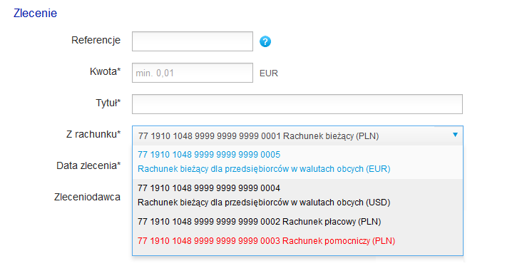 Lista Kontrahentów na literę A Lista Kontrahentów, których nazwa zawiera zwrot Kar Filtry można stosować równocześnie. Po wybraniu Kontrahenta jego dane automatycznie wypełniają formularz przelewu.