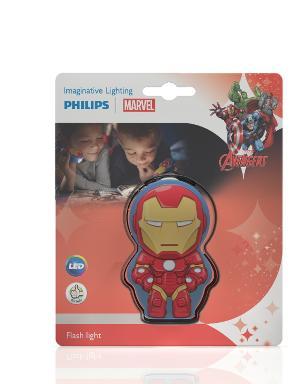 Flash light Iron-Man Ta poręczna latarka Philips Marvel Avengers zapewnia Twojemu dziecku towarzystwo, zawsze gdy w nocy potrzebuje światła w ciemności.