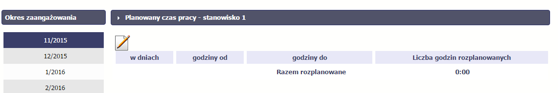 Uwaga! Blok Planowany czas pracy jest dostępny, jeżeli wartość w polu Forma zaangażowania jest inna niż umowa o dzieło.