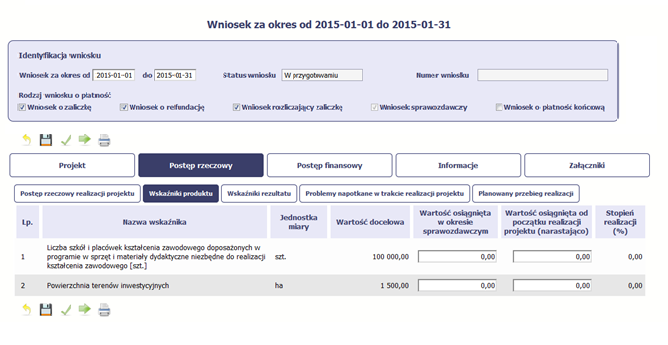 WSKAŹNIKI PRODUKTU Wskaźniki produktu określają materialne efekty (np. zrealizowane usługi, zakupiony sprzęt, wybudowana droga, itp.), jakie powstały w okresie realizacji projektu.