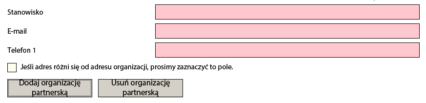 Aby dodać organizację partnerską, należy skorzystać z przycisku Dodaj organizację partnerską ("Add Partner") umieszczonego na końcu części Organizacja wnioskująca