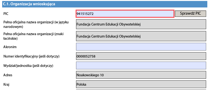 Zduplikowanie numeru identyfikacyjnego PIC organizacji uczestniczącej Numer identyfikacyjny PIC