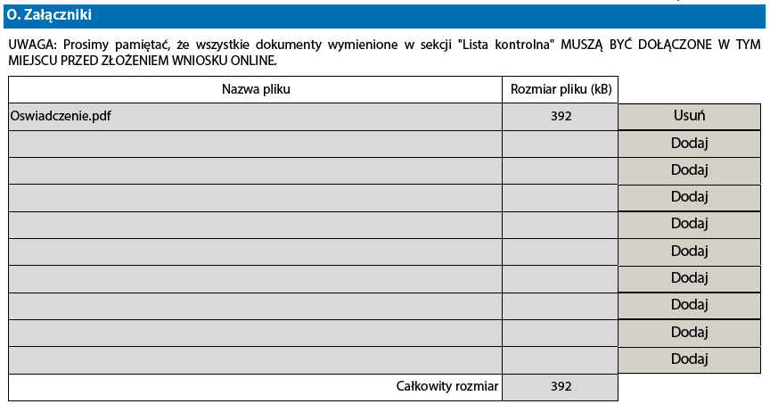 Aby załączyć oświadczenie, najpierw należy je wydrukować. Prosimy użyć przycisku "Wydrukuj oświadczenie", jak pokazano powyżej.