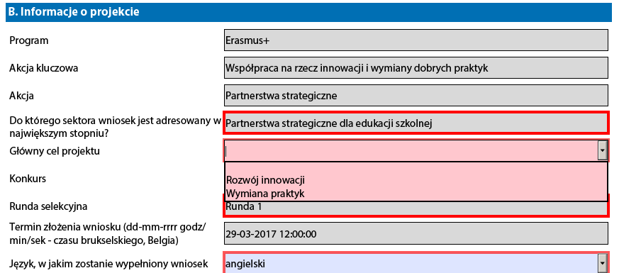 W zależności od głównego celu partnerstwa należy wybrać jedną z dwóch opcji: Należy pamiętać, że zgodnie z Przewodnikiem po programie Erasmus+ w partnerstwach strategicznych wspierających wymianę