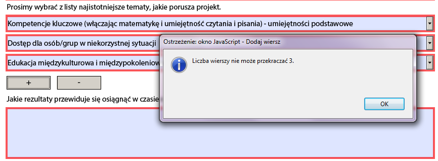 Część Opis projektu W tej części mogą Państwo wybrać maksymalnie trzy tematy.