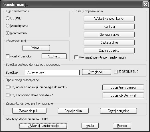 gdzie k wskaźnik punktu, i,j wskaźniki podzbioru współrzędnych, a i,b i parametry translacji i tego podzbioru, X k, Y k współrzędne płaskie punktu o znanych współrzędnych o wskaźniku k w układzie