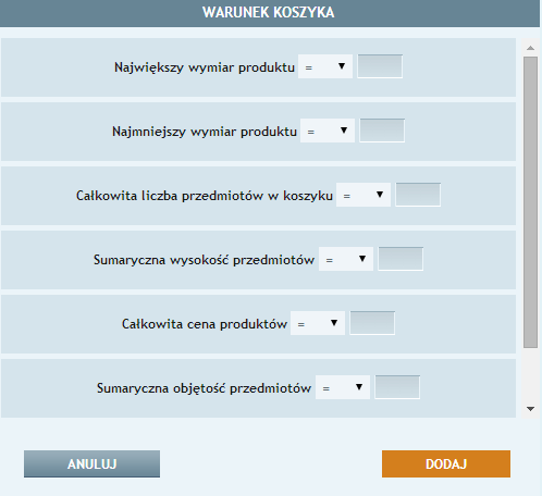 Rys. 13 Określanie warunków koszyka Krok 7 W okienku Warunek adresu należy określić szczegóły dotyczące miejsca odbioru (miasto, państwo oraz kod pocztowy). Za pomocą relacji zaczyna się od, =,!